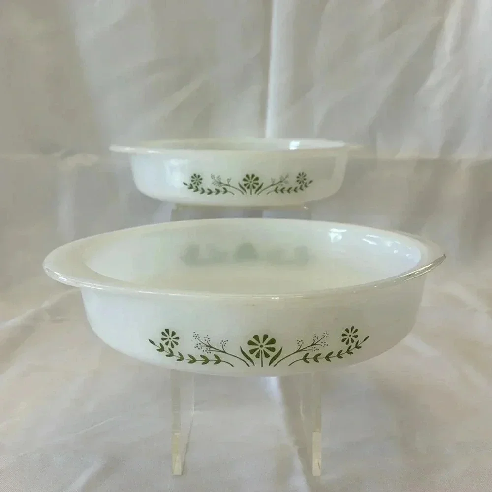 2 - Glasbake 1970s Round 8in Casserole Dishes Green Daisy Milk Glass MCM Kitchen